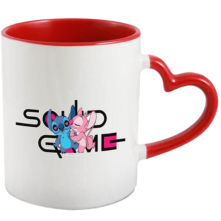 Cana Cu Stitch, Cu Textul "Squid Game" - Design 4, Ceramica, 330ML, Cu Maner Inima Rosie si Interior Rosu
