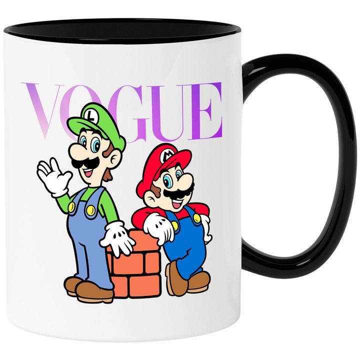 Cana Cu Mario, Cu Textul "Vogue" - Design 2, Ceramica, 330ML, Cu Maner si Interior Negru