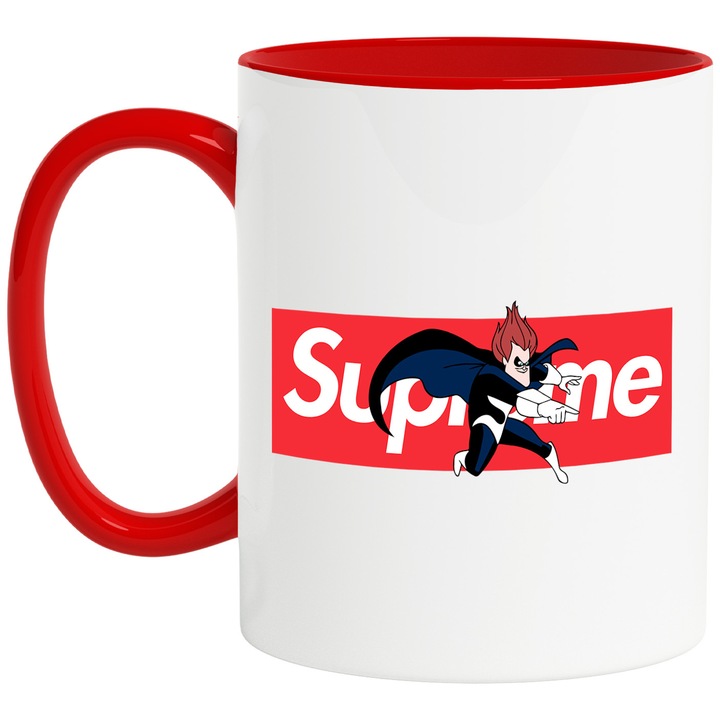 Cana Cu The Incredibles, Cu Textul "Supreme" - Design 11, Ceramica, 330ML, Cu Maner si Interior Rosu