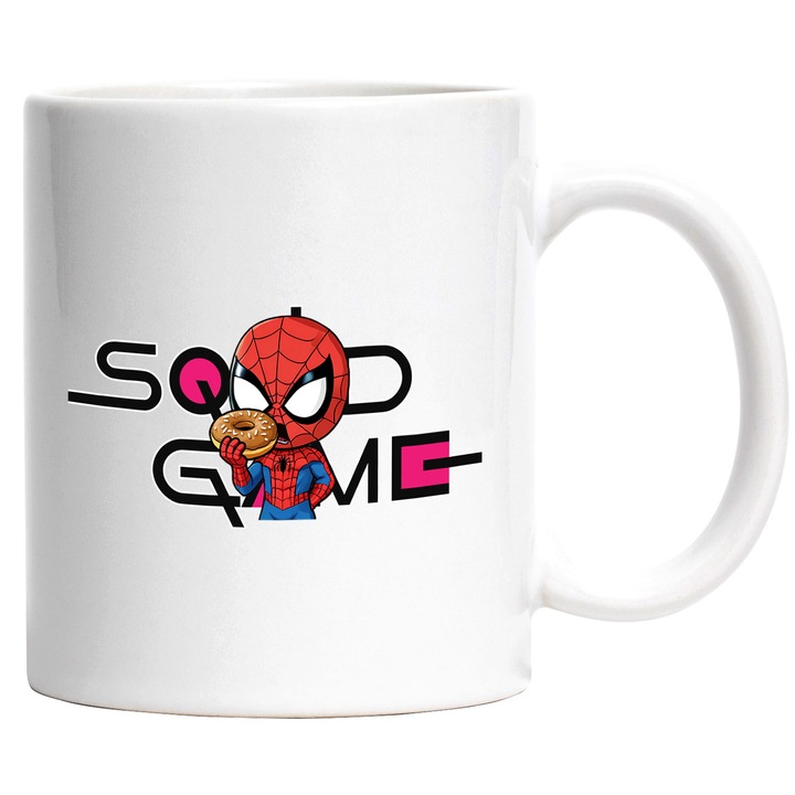 Cana Cu SpiderMan, Cu Textul "Squid Game" - Design 12, Ceramica, 330ML, Cu Maner si Interior Alb