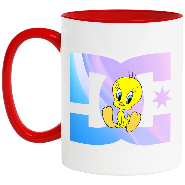 Cana Cu Tweety, Cu Textul "DC" - Design 3, Ceramica, 330ML, Cu Maner si Interior Rosu