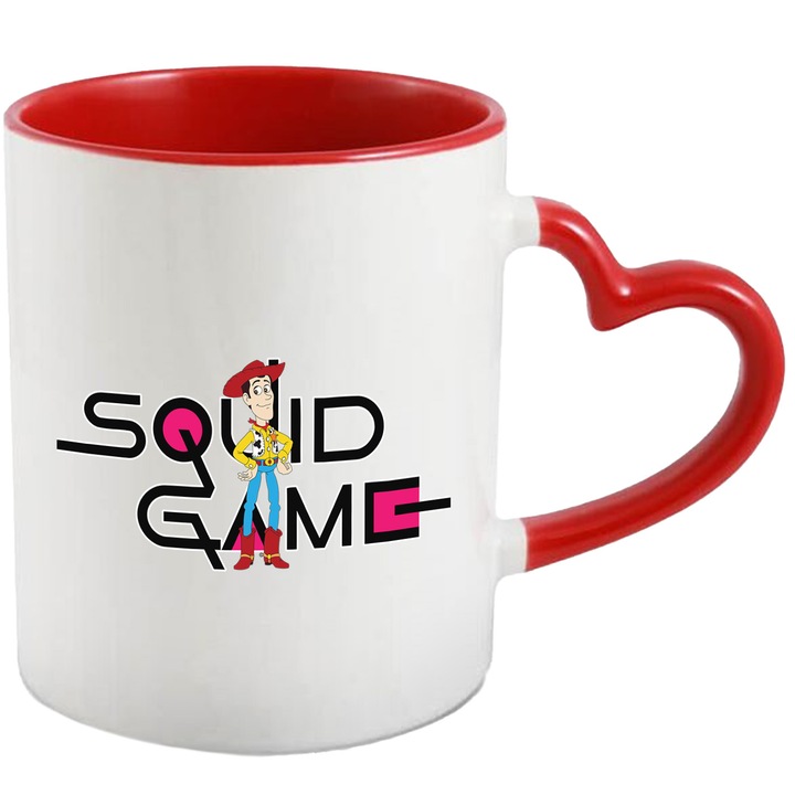 Cana Cu Toy Story, Cu Textul "Squid Game" - Design 4, Ceramica, 330ML, Cu Maner Inima Rosie si Interior Rosu