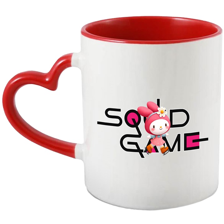 Cana Cu My melody, Cu Textul "Squid Game" - Design 4, Ceramica, 330ML, Cu Maner Inima Rosie si Interior Rosu
