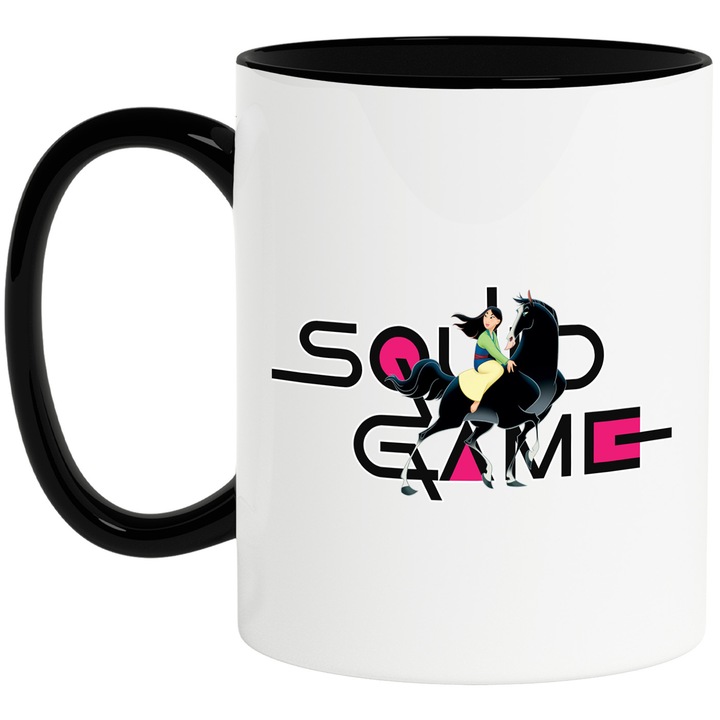 Cana Cu Mulan, Cu Textul "Squid Game" - Design 6, Ceramica, 330ML, Cu Maner si Interior Negru