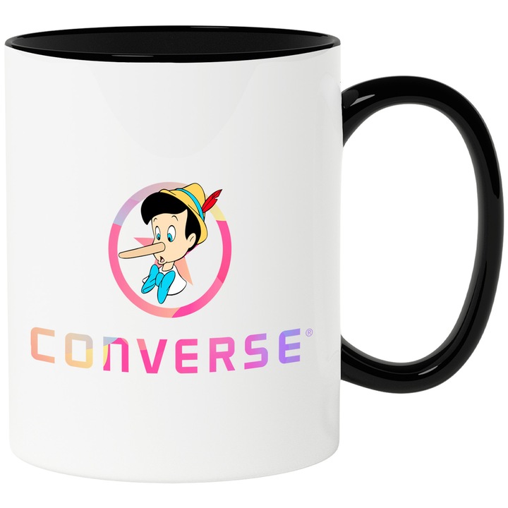 Cana Cu Pinocchio, Cu Textul "Converse" - Design 4, Ceramica, 330ML, Cu Maner si Interior Negru