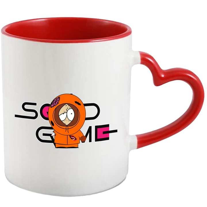 Cana Cu Southpark, Cu Textul "Squid Game" - Design 2, Ceramica, 330ML, Cu Maner Inima Rosie si Interior Rosu