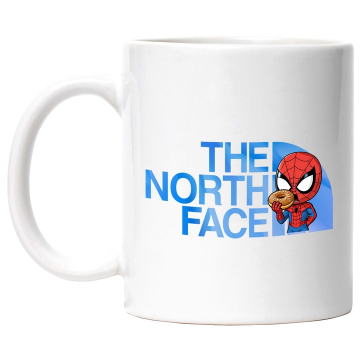 Cana Cu SpiderMan, Cu Textul "The North Face" - Design 12, Ceramica, 330ML, Cu Maner si Interior Alb