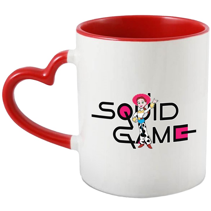 Cana Cu Toy Story, Cu Textul "Squid Game" - Design 2, Ceramica, 330ML, Cu Maner Inima Rosie si Interior Rosu