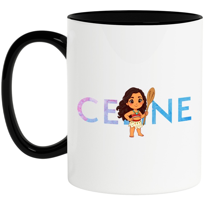 Cana Cu Moana, Cu Textul "Celine" - Design 5, Ceramica, 330ML, Cu Maner si Interior Negru