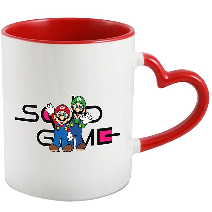 Cana Cu Mario, Cu Textul "Squid Game" - Design 1, Ceramica, 330ML, Cu Maner Inima Rosie si Interior Rosu