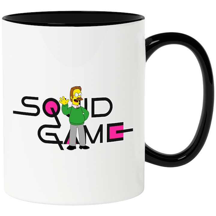 Cana Cu Simpson, Cu Textul "Squid Game" - Design 2, Ceramica, 330ML, Cu Maner si Interior Negru