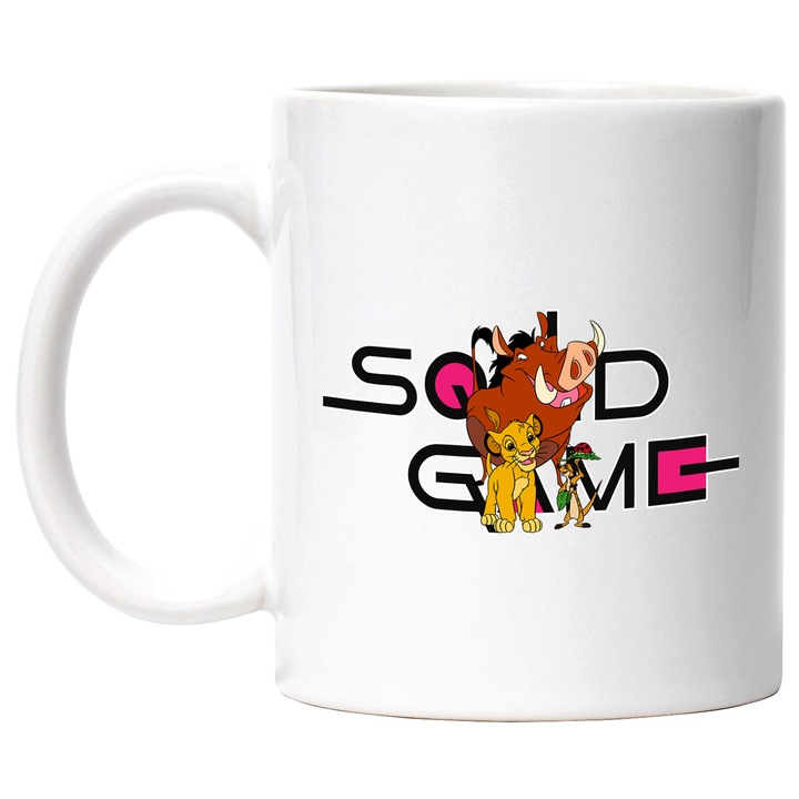 Cana Cu Timo si Pumba, Cu Textul "Squid Game" - Design 10, Ceramica, 330ML, Cu Maner si Interior Alb