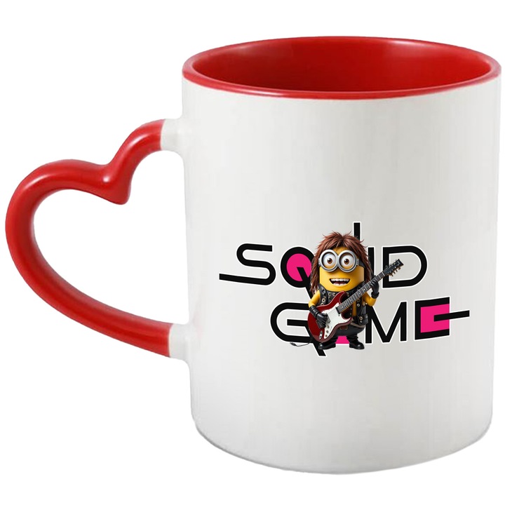 Cana Cu Minion, Cu Textul "Squid Game" - Design 14, Ceramica, 330ML, Cu Maner Inima Rosie si Interior Rosu