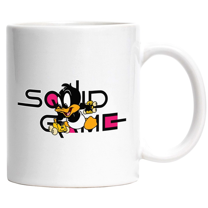 Cana Cu Looney Tunes, Cu Textul "Squid Game" - Design 10, Ceramica, 330ML, Cu Maner si Interior Alb