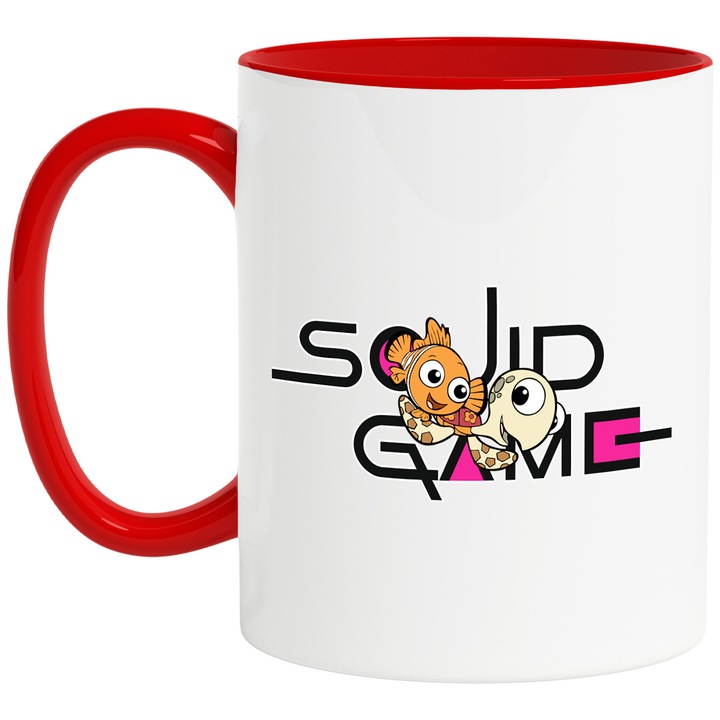 Cana Cu Nemo, Cu Textul "Squid Game" - Design 4, Ceramica, 330ML, Cu Maner si Interior Rosu