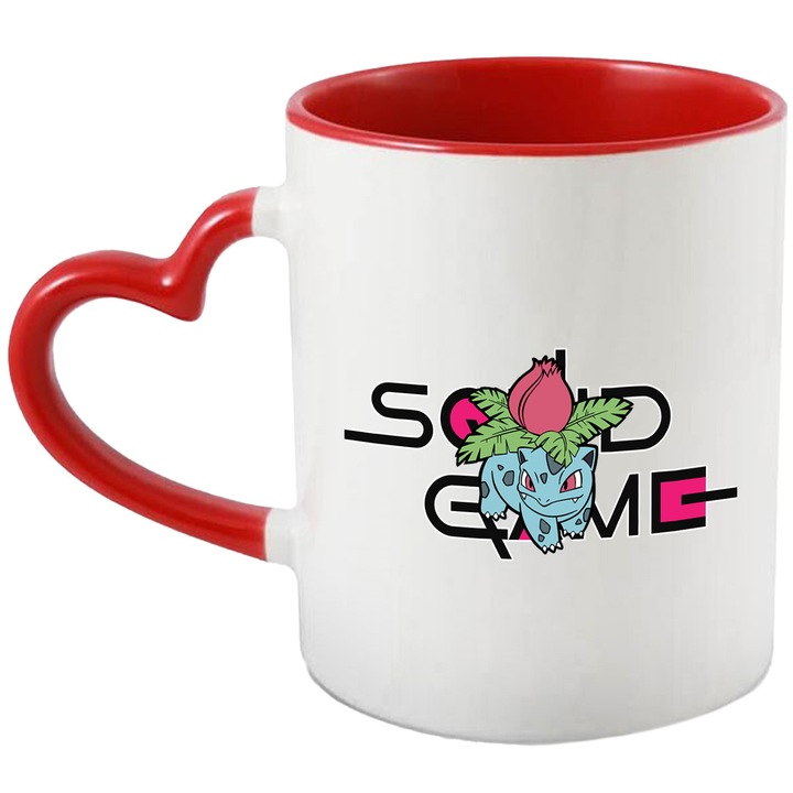 Cana Cu Pokemon, Cu Textul "Squid Game" - Design 13, Ceramica, 330ML, Cu Maner Inima Rosie si Interior Rosu