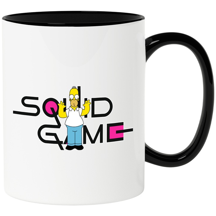 Cana Cu Simpson, Cu Textul "Squid Game" - Design 4, Ceramica, 330ML, Cu Maner si Interior Negru