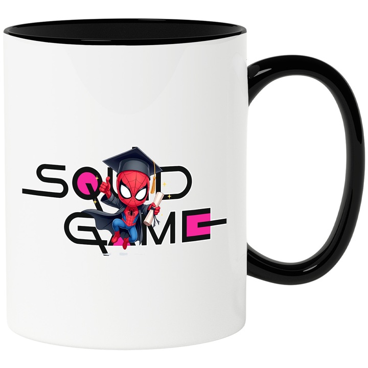 Cana Cu SpiderMan, Cu Textul "Squid Game" - Design 2, Ceramica, 330ML, Cu Maner si Interior Negru