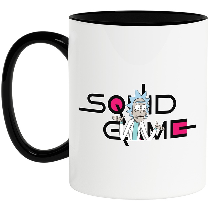 Cana Cu Rick & Morty, Cu Textul "Squid Game" - Design 9, Ceramica, 330ML, Cu Maner si Interior Negru