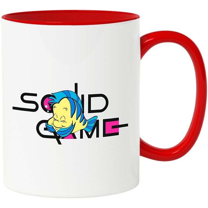 Cana Cu Nemo, Cu Textul "Squid Game" - Design 3, Ceramica, 330ML, Cu Maner si Interior Rosu