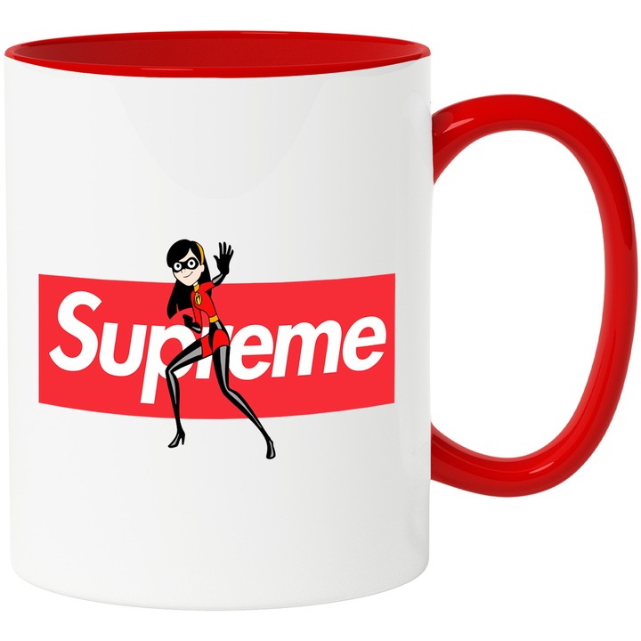 Cana Cu The Incredibles, Cu Textul "Supreme" - Design 13, Ceramica, 330ML, Cu Maner si Interior Rosu