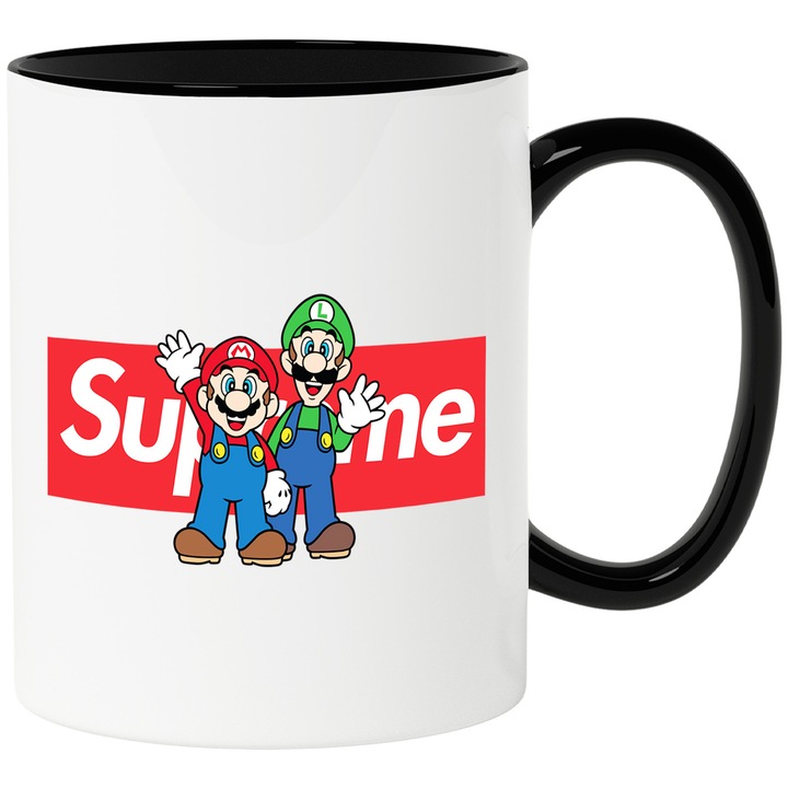 Cana Cu Mario, Cu Textul "Supreme" - Design 1, Ceramica, 330ML, Cu Maner si Interior Negru