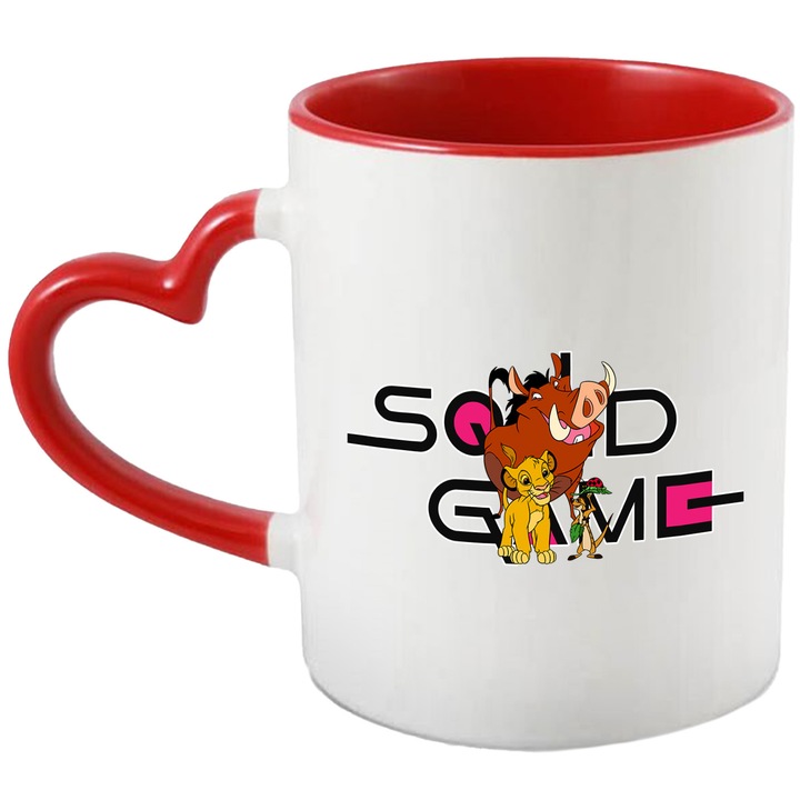 Cana Cu Timo si Pumba, Cu Textul "Squid Game" - Design 10, Ceramica, 330ML, Cu Maner Inima Rosie si Interior Rosu