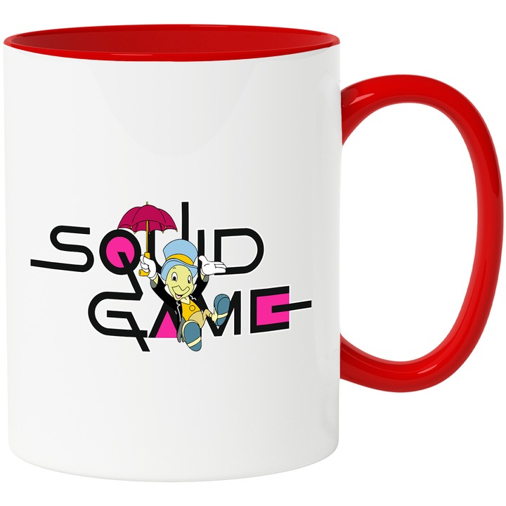 Cana Cu Pinocchio, Cu Textul "Squid Game" - Design 8, Ceramica, 330ML, Cu Maner si Interior Rosu