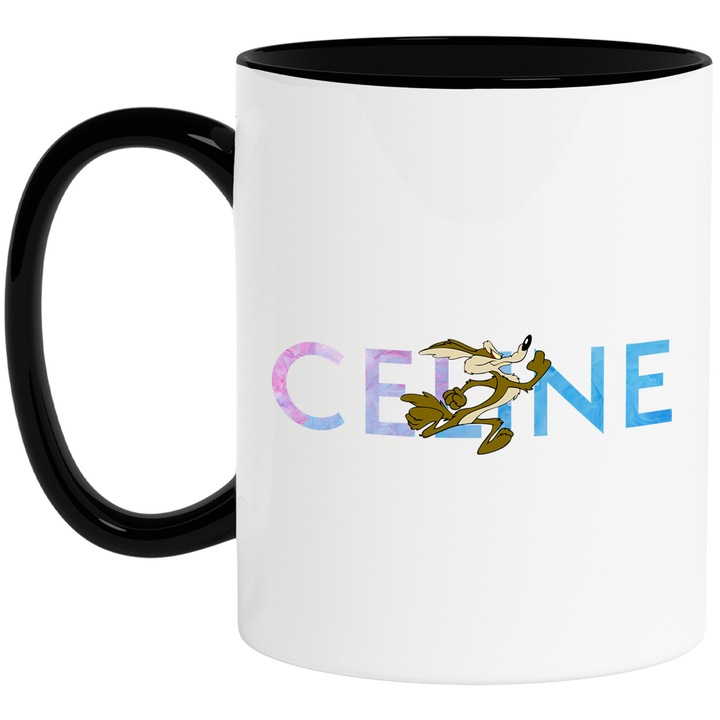 Cana Cu Wile E Coyote, Cu Textul "Celine" - Design 1, Ceramica, 330ML, Cu Maner si Interior Negru