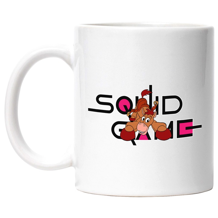 Cana Cu Toy Story, Cu Textul "Squid Game" - Design 7, Ceramica, 330ML, Cu Maner si Interior Alb