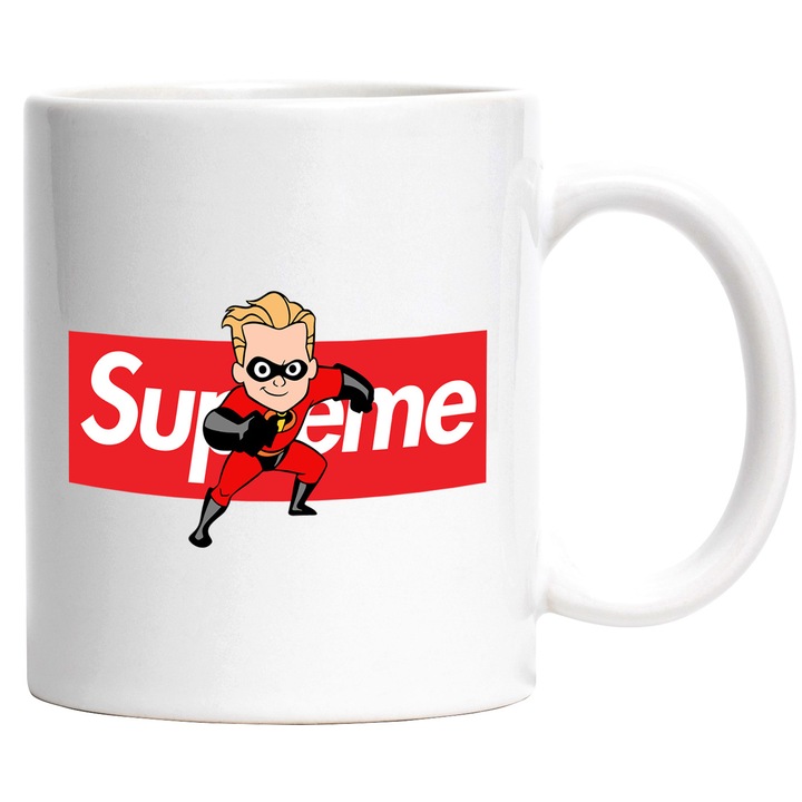 Cana Cu The Incredibles, Cu Textul "Supreme" - Design 3, Ceramica, 330ML, Cu Maner si Interior Alb