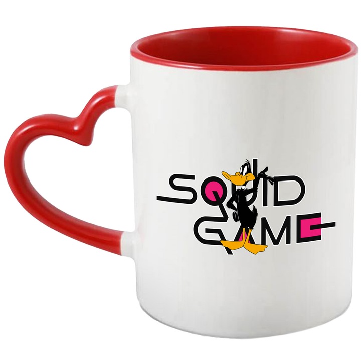 Cana Cu Looney Tunes, Cu Textul "Squid Game" - Design 18, Ceramica, 330ML, Cu Maner Inima Rosie si Interior Rosu
