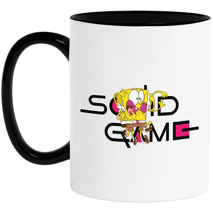 Cana Cu Spongebob, Cu Textul "Squid Game" - Design 9, Ceramica, 330ML, Cu Maner si Interior Negru