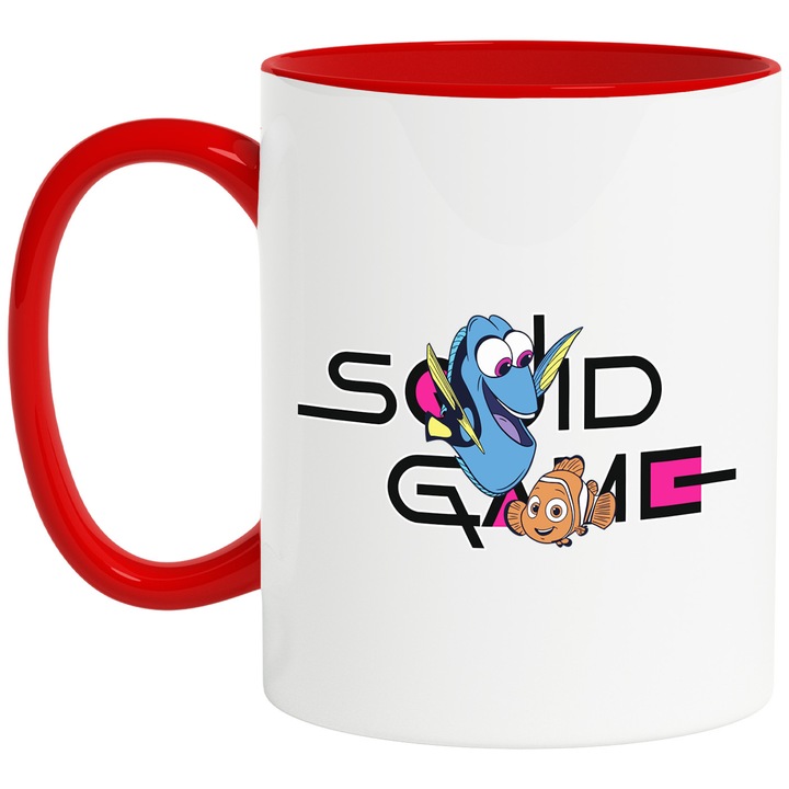 Cana Cu Nemo, Cu Textul "Squid Game" - Design 1, Ceramica, 330ML, Cu Maner si Interior Rosu