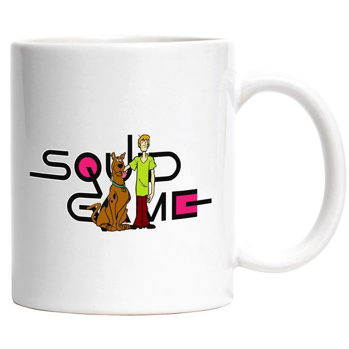 Cana Cu Scoobydoo, Cu Textul "Squid Game" - Design 5, Ceramica, 330ML, Cu Maner si Interior Alb