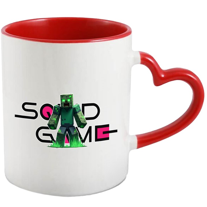 Cana Cu Minecraft, Cu Textul "Squid Game" - Design 4, Ceramica, 330ML, Cu Maner Inima Rosie si Interior Rosu