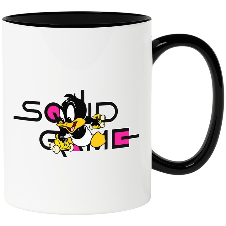 Cana Cu Looney Tunes, Cu Textul "Squid Game" - Design 10, Ceramica, 330ML, Cu Maner si Interior Negru