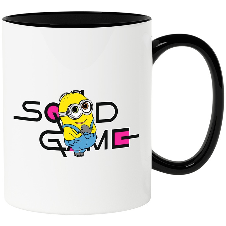 Cana Cu Minion, Cu Textul "Squid Game" - Design 5, Ceramica, 330ML, Cu Maner si Interior Negru