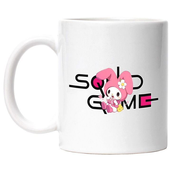 Cana Cu My melody, Cu Textul "Squid Game" - Design 3, Ceramica, 330ML, Cu Maner si Interior Alb
