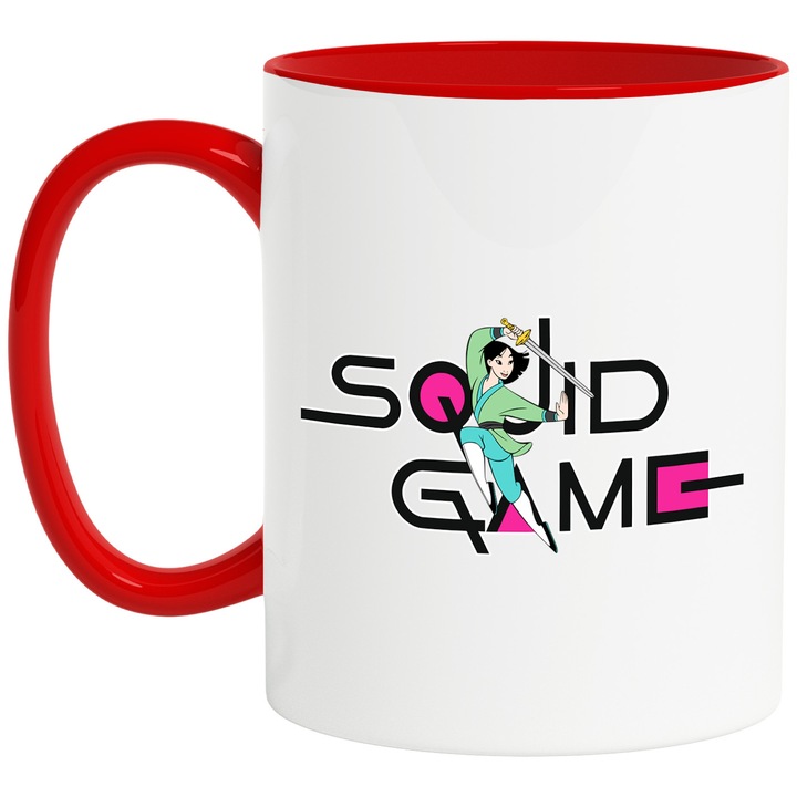 Cana Cu Mulan, Cu Textul "Squid Game" - Design 4, Ceramica, 330ML, Cu Maner si Interior Rosu