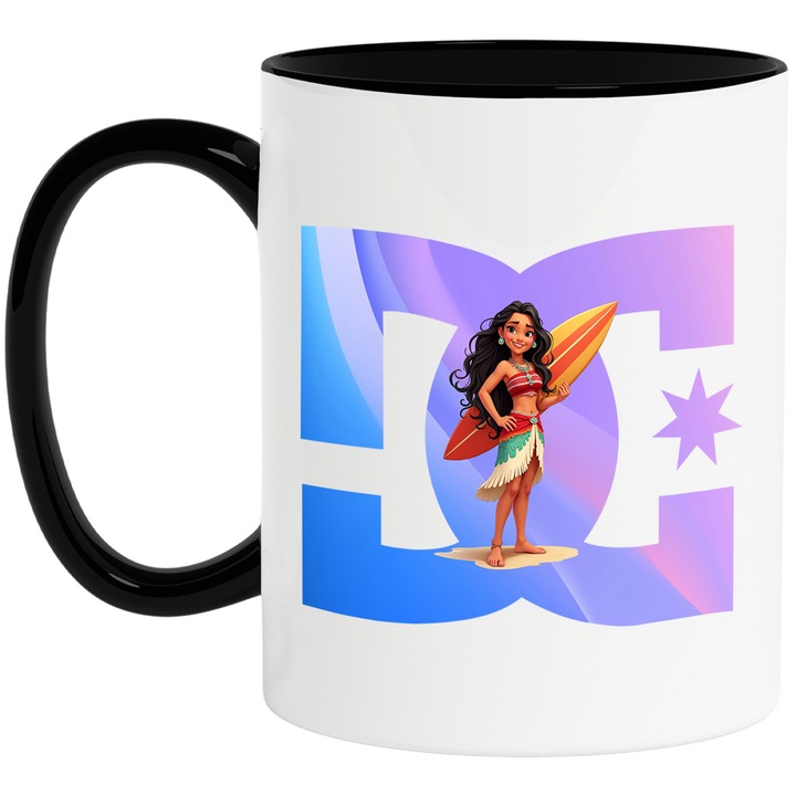 Cana Cu Moana, Cu Textul "DC" - Design 6, Ceramica, 330ML, Cu Maner si Interior Negru