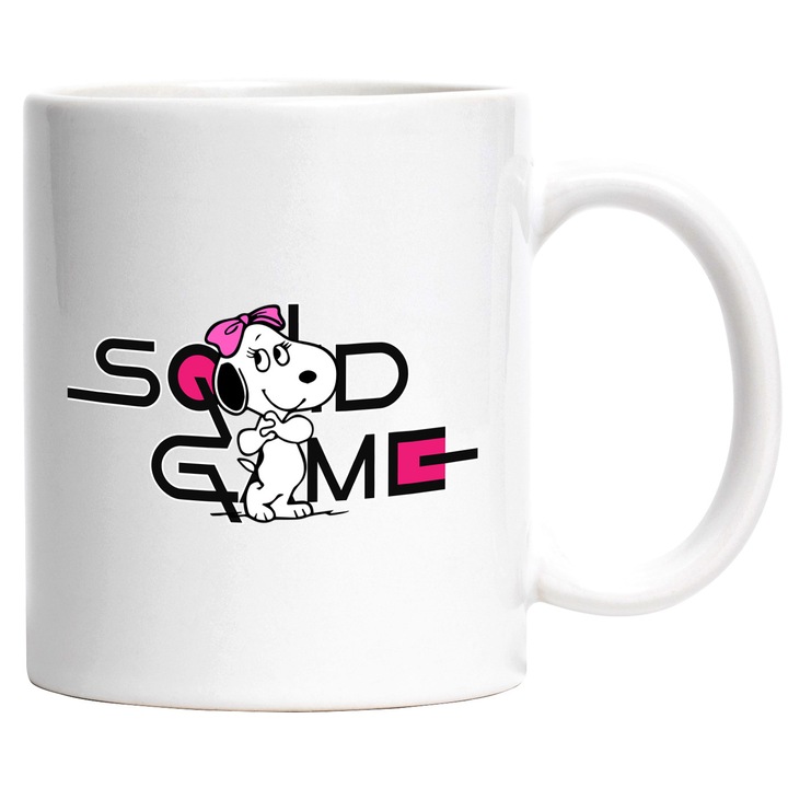 Cana Cu Snoopy, Cu Textul "Squid Game" - Design 6, Ceramica, 330ML, Cu Maner si Interior Alb