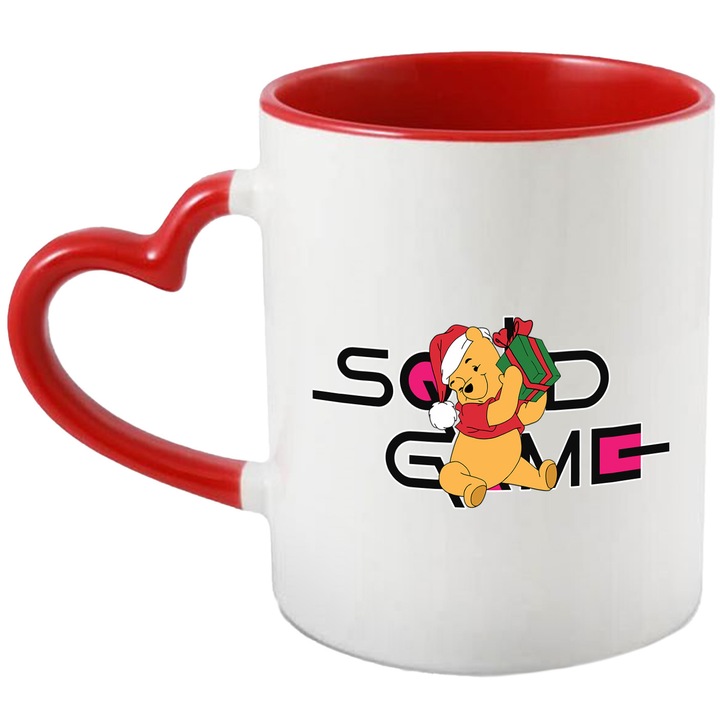 Cana Cu Winnie, Cu Textul "Squid Game" - Design 4, Ceramica, 330ML, Cu Maner Inima Rosie si Interior Rosu