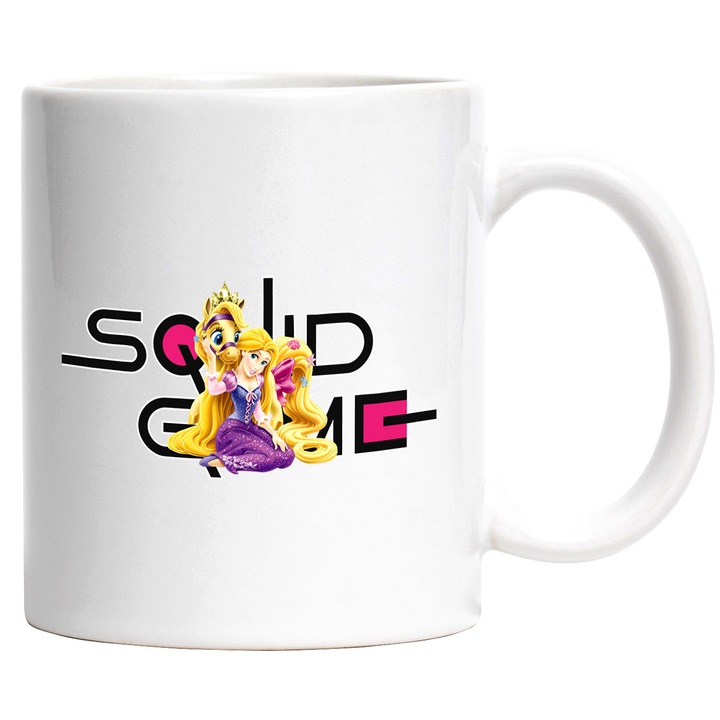 Cana Cu Rapunzel, Cu Textul "Squid Game" - Design 1, Ceramica, 330ML, Cu Maner si Interior Alb
