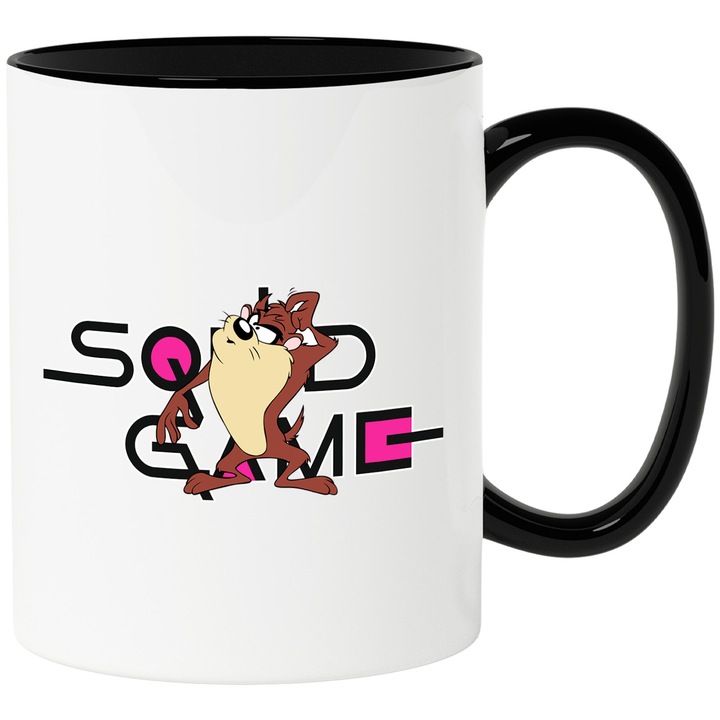 Cana Cu Taz, Cu Textul "Squid Game" - Design 3, Ceramica, 330ML, Cu Maner si Interior Negru
