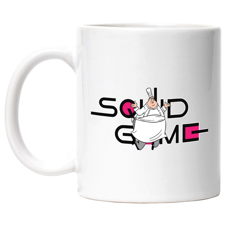 Cana Cu Ratatouille, Cu Textul "Squid Game" - Design 1, Ceramica, 330ML, Cu Maner si Interior Alb