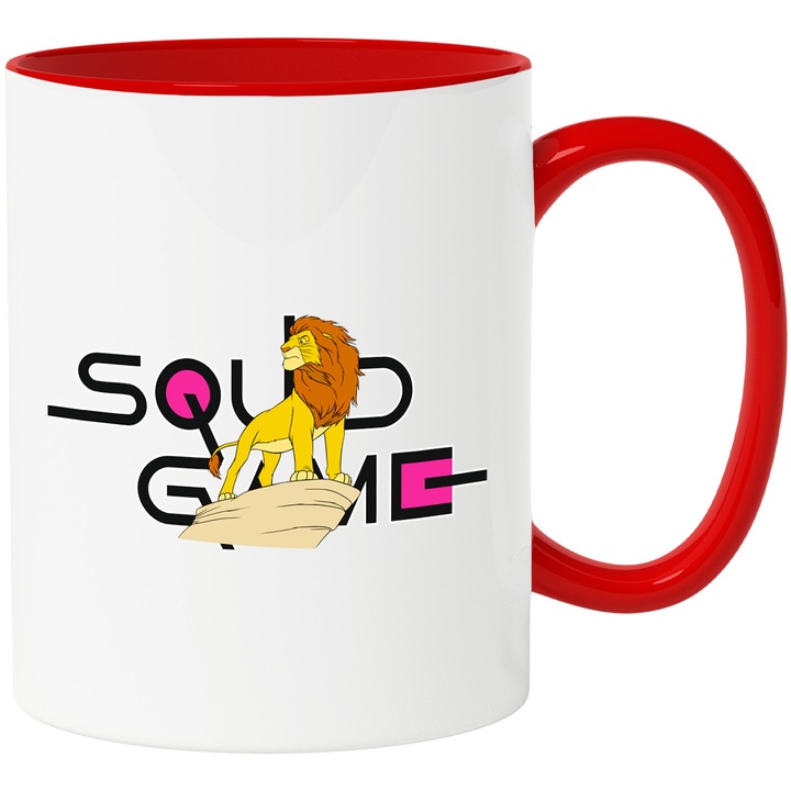 Cana Cu Lion King, Cu Textul "Squid Game" - Design 3, Ceramica, 330ML, Cu Maner si Interior Rosu