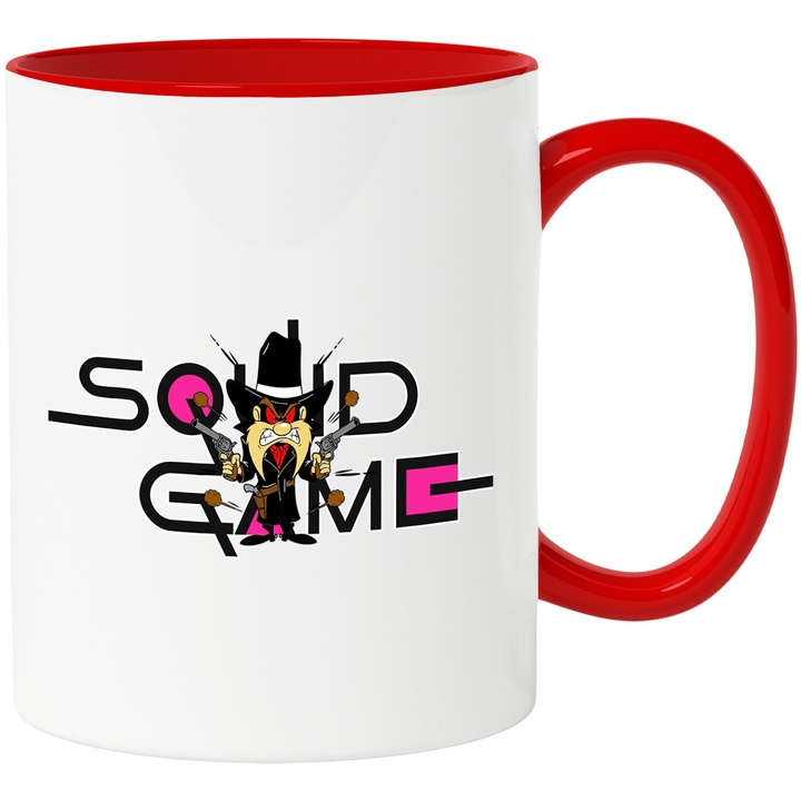 Cana Cu Yosemite Sam, Cu Textul "Squid Game" - Design 3, Ceramica, 330ML, Cu Maner si Interior Rosu