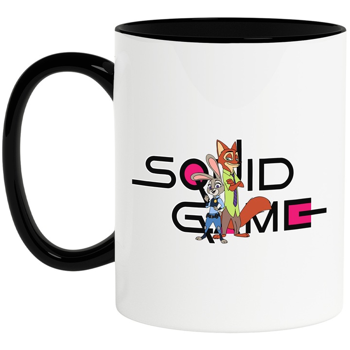 Cana Cu Zoopia, Cu Textul "Squid Game" - Design 4, Ceramica, 330ML, Cu Maner si Interior Negru