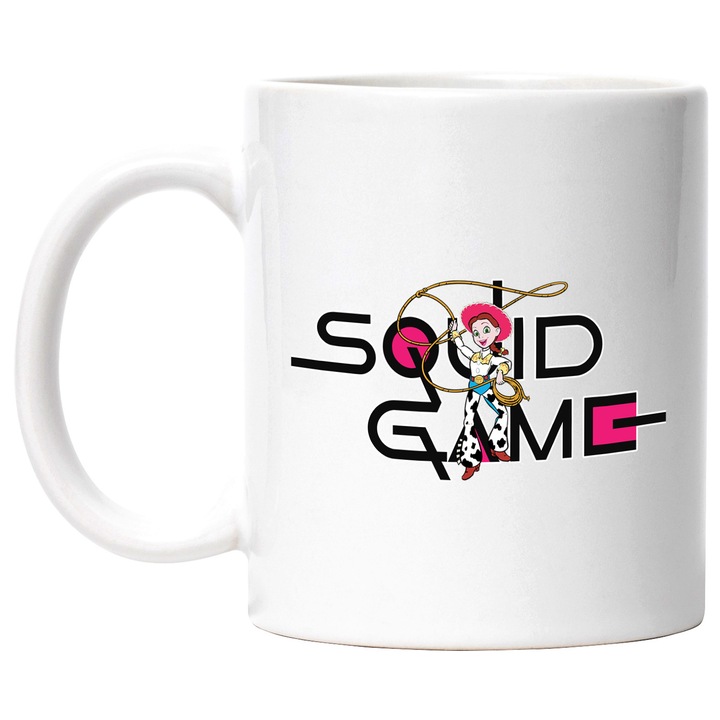 Cana Cu Toy Story, Cu Textul "Squid Game" - Design 1, Ceramica, 330ML, Cu Maner si Interior Alb